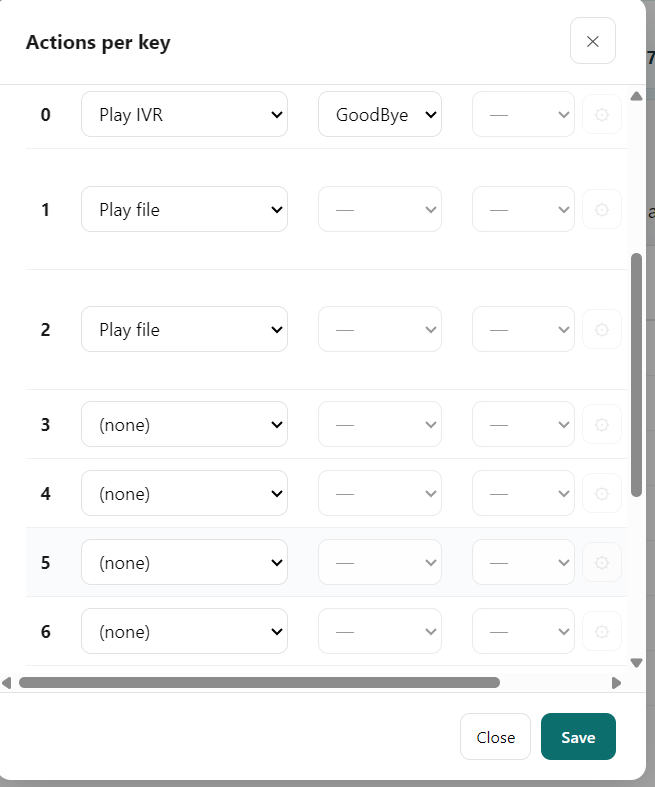 Tenant portal — Actions per key: Play IVR and Play file