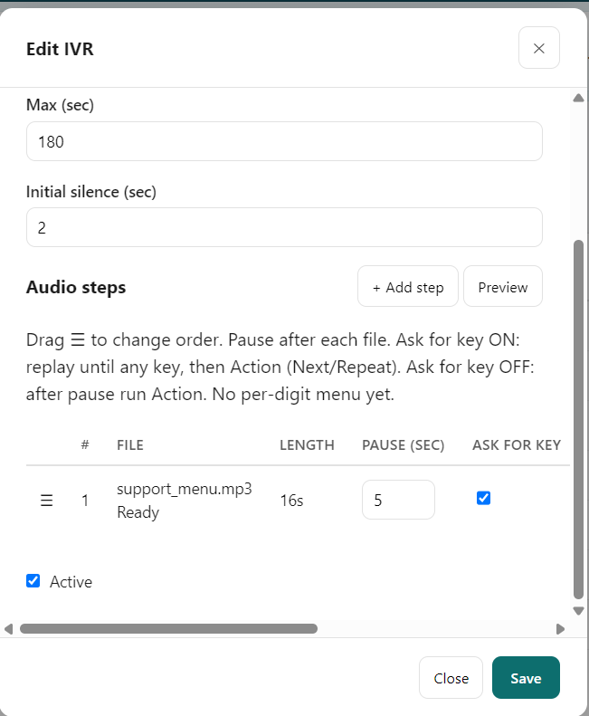 Tenant portal — Edit IVR: audio steps, pause, Ask for key, Preview