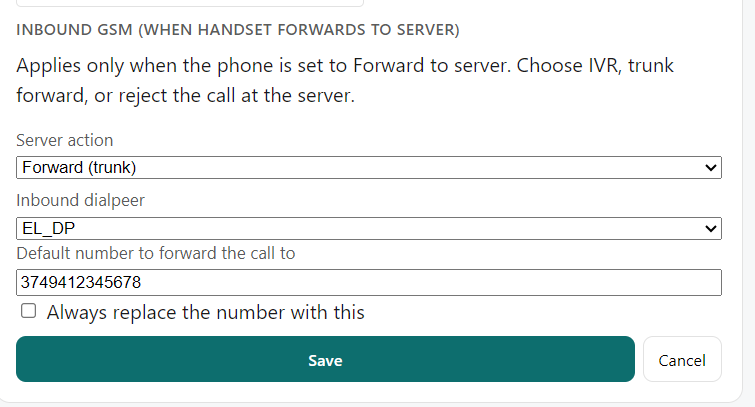 Tenant portal — Inbound GSM policy: Forward trunk, inbound dialpeer, default number