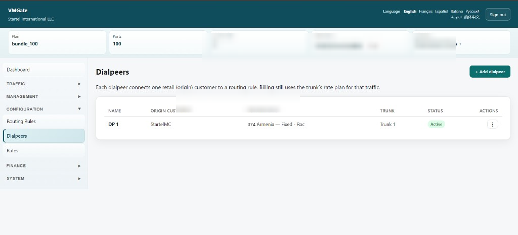 VMGate tenant portal — Dialpeers routing configuration