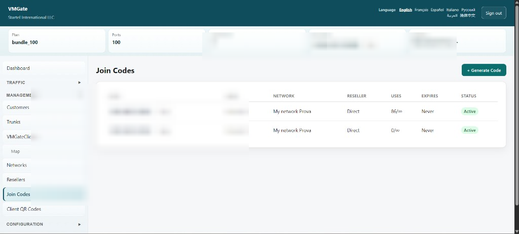 VMGate tenant portal — Join Codes management