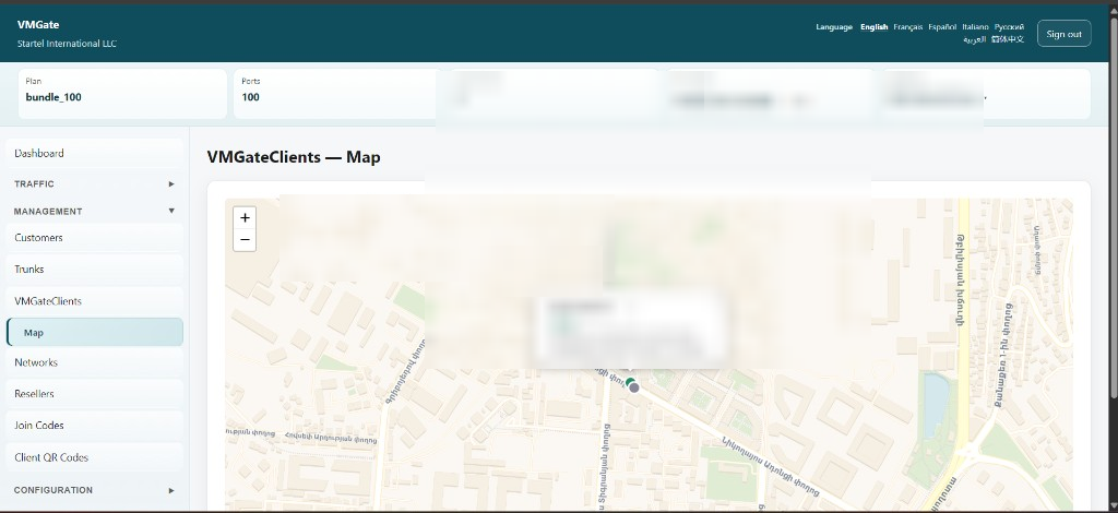 VMGate tenant portal — VMGateClients map view