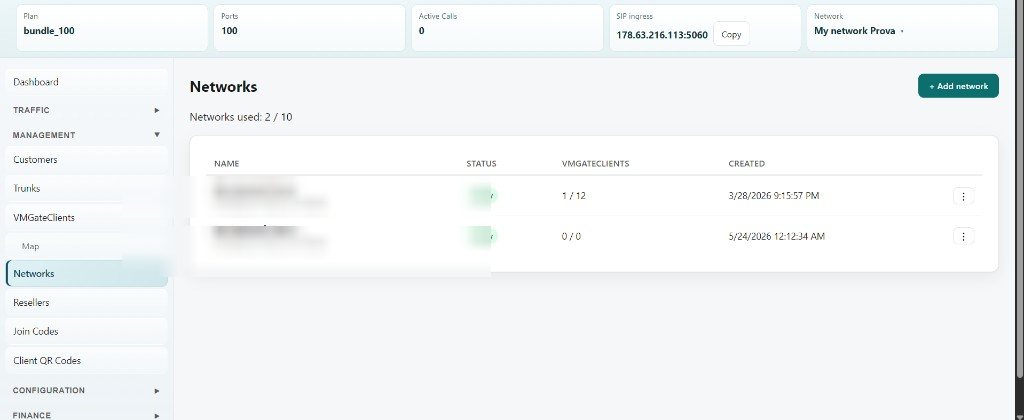 VMGate tenant portal — Networks list with SIP ingress