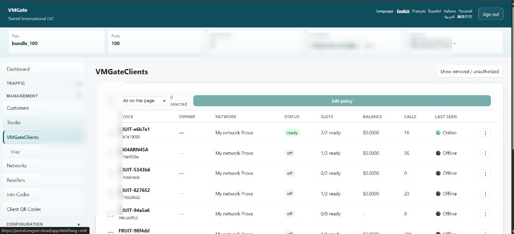 VMGate tenant portal — VMGateClients table with status and SIM slots