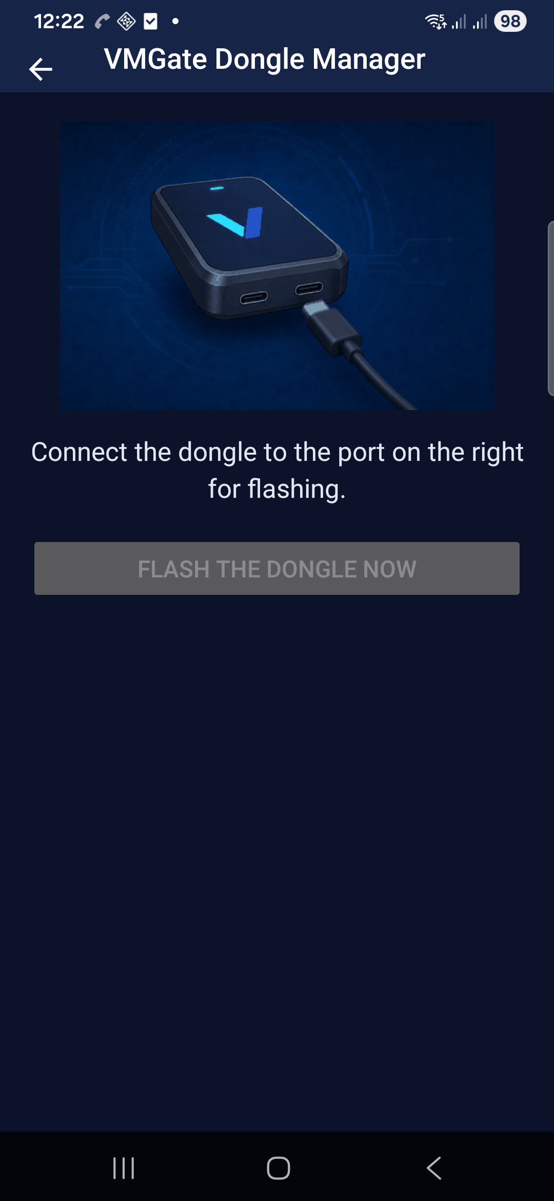 VMGate Dongle Manager in VMGateClient — guided dongle flash from the phone