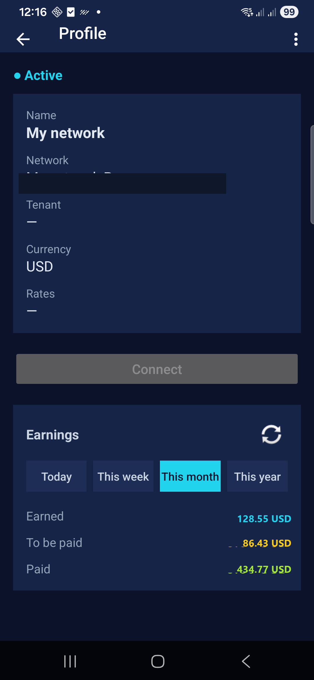 VMGateClient profile earnings — earned, to be paid, and paid for this month