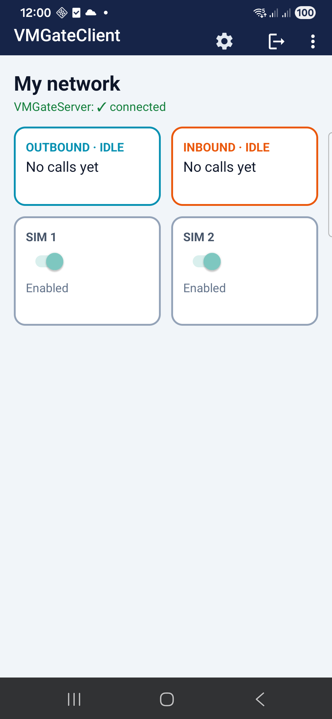VMGateClient main screen — connected to VMGateServer, both SIM slots enabled, channels idle