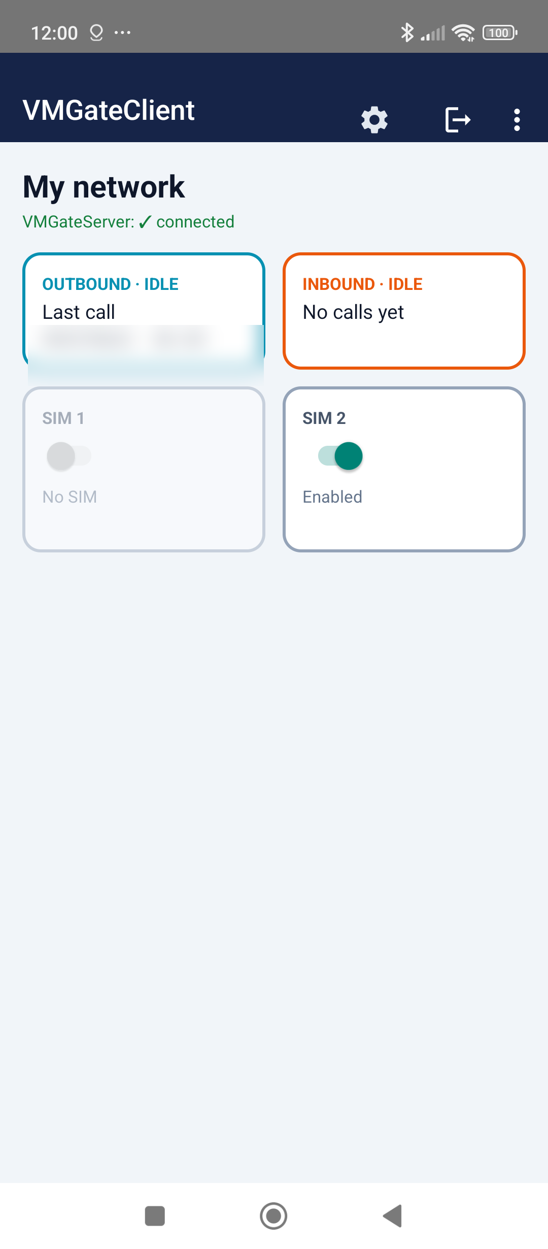 VMGateClient main screen — connected, outbound last-call history, one SIM slot enabled