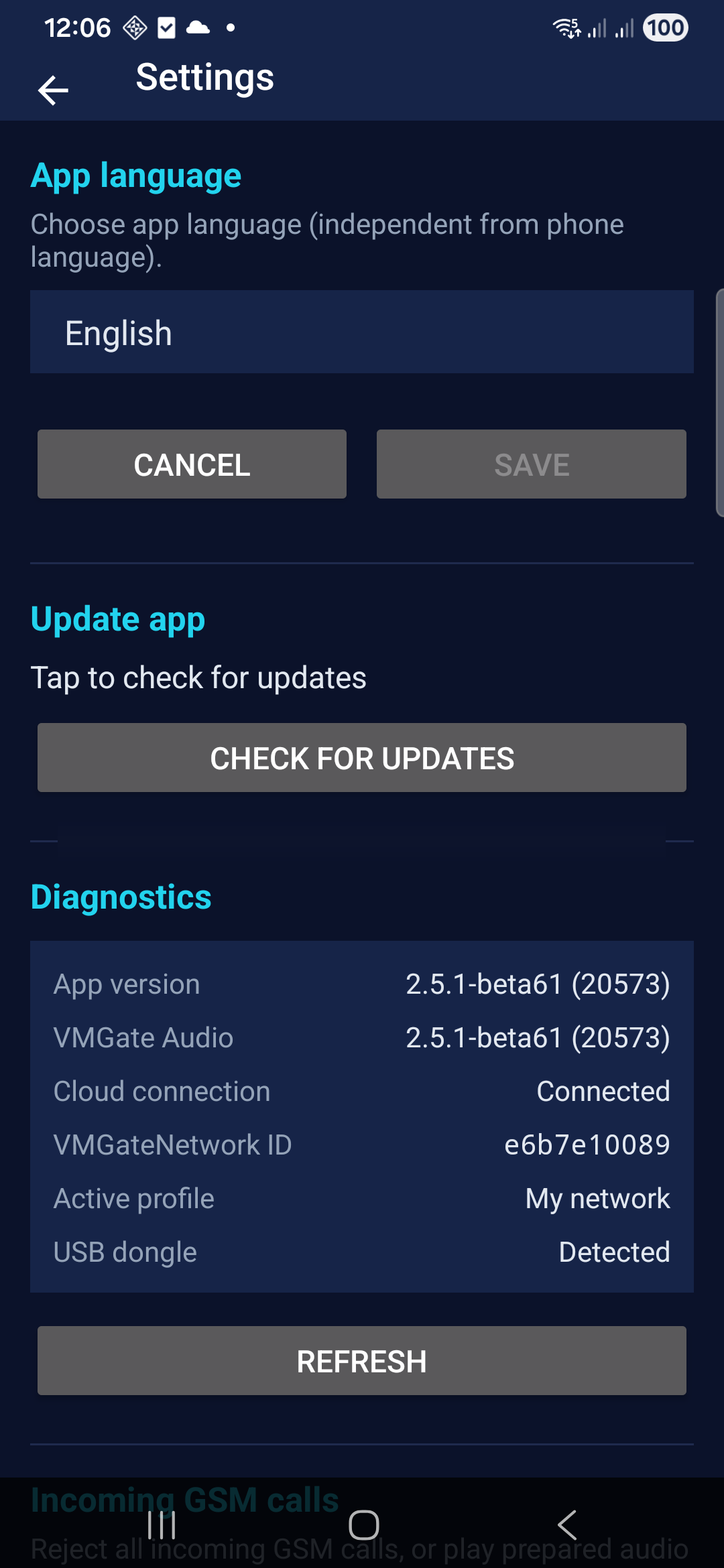 VMGateClient Settings — app language picker, OTA update check, diagnostics including USB dongle detected