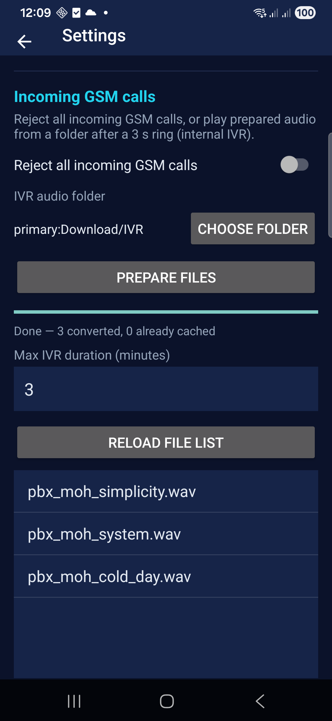 VMGateClient Settings — internal IVR, audio folder, prepare files, max duration